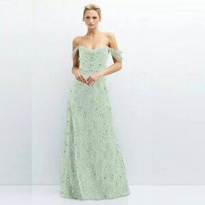 Dessy Off-the-Shoulder A-line 3D Floral Embroidered Dress in Celadon